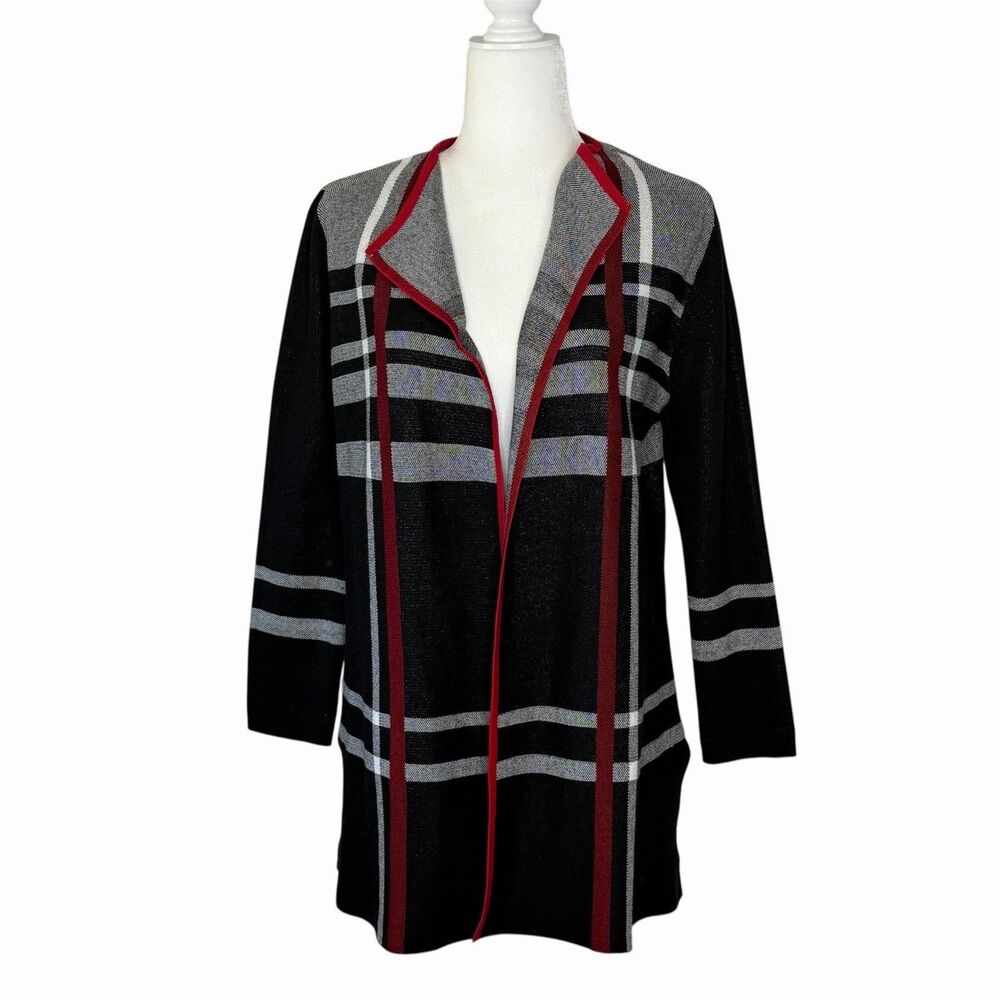 Anne Klein Knit Long Sleeves Cardigan Sweater‎ Jacket Size M Black Red Stripes